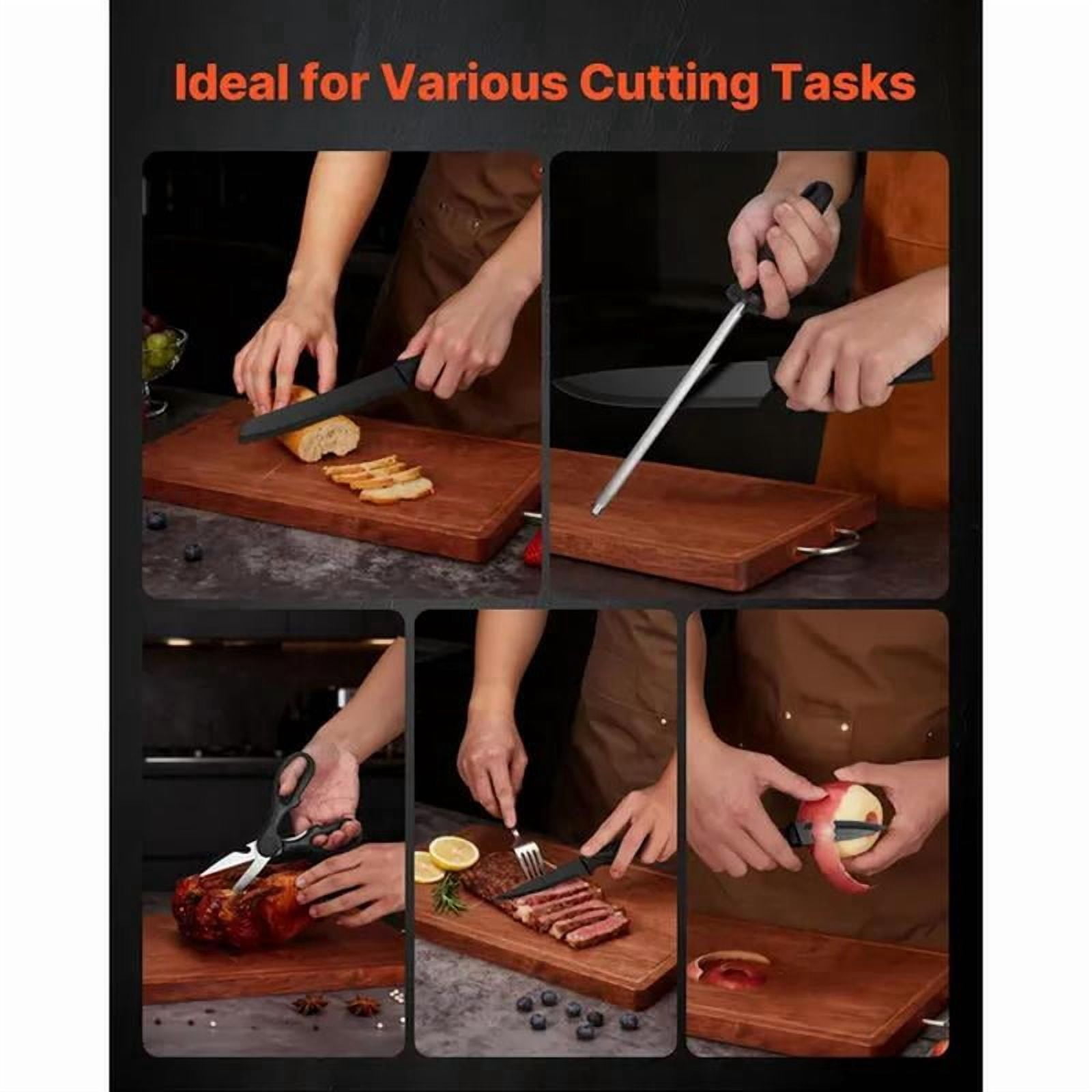 Kitchen Knife Set with Block and Sharpener, German High Carbon Stainless Steel Knife Set, Cutlery with Ergonomic Handle, Sharpening Rod and Wooden Block