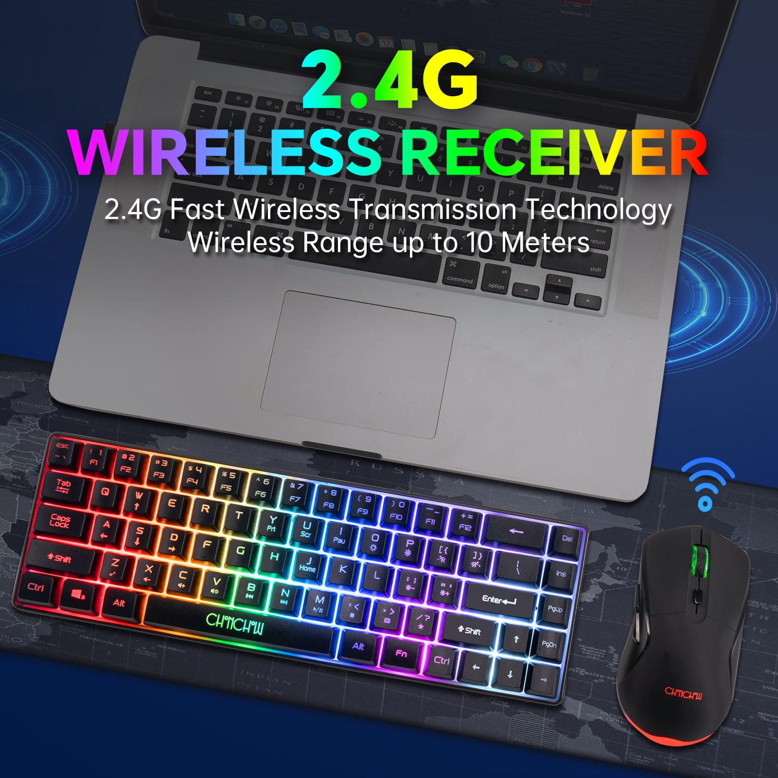 CHONCHOW 60% Wireless gaming Keyboard and Mouse Combo,68 keys Rechargeable Led Backlit Keyboard , 2.4GHz Wireless Receiver,Portable Design and Stable USB Connection for PC Mac Xbox
