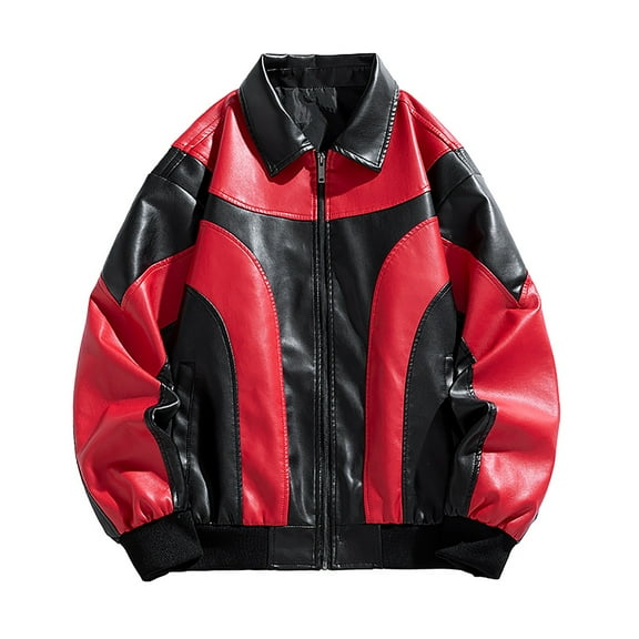 miqiqism Man’s Motorcycle Biker Jackets Stylish Design Faux Leather Jacket for Men Trendy Color Block Pu Long Sleeves Coat Open Front Blouses Jackets,Red,X-Large