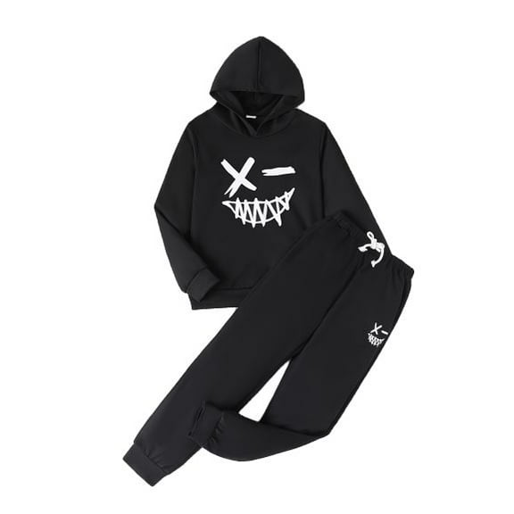 Okgogo Kid Boys Fall Winter Outfits Black "X - Eyed Grin" Print Long Sleeve Pullover Hoodie and Joggers Set 2Pcs Casual Clothes