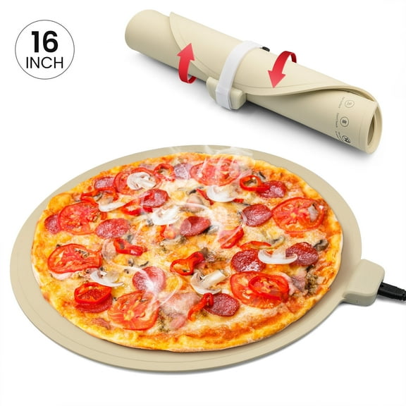 16-Inch Round Food Warming Tray for Keeping Pizza Hot, Food-Grade Silicone Electric Food Warmer Mat, 176±10℉ Temperature Control, 120V 130W Foldable Design, for Party, Family, Commercial (Beige)