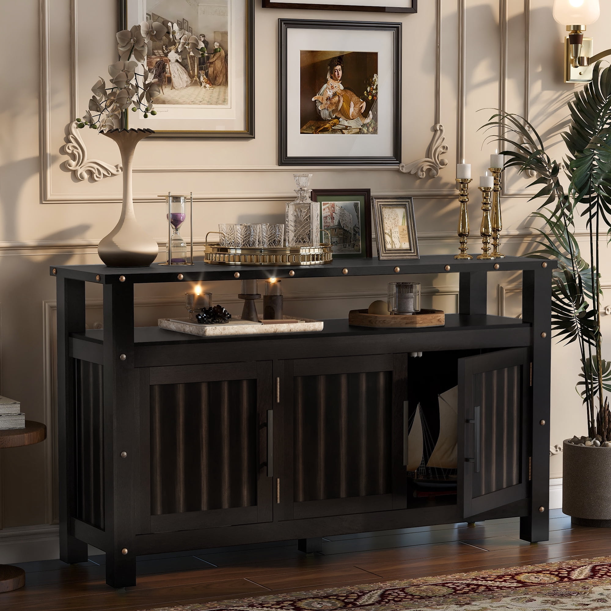 55.1"Pine Wood Buffet Cabinet With 3-door Storage, Sideboard Cabinet with Dual Storage areas,Coffee Bar With Metal Handles And Exposed Metal Rivets For Dining Room, Kitchen, Living Room