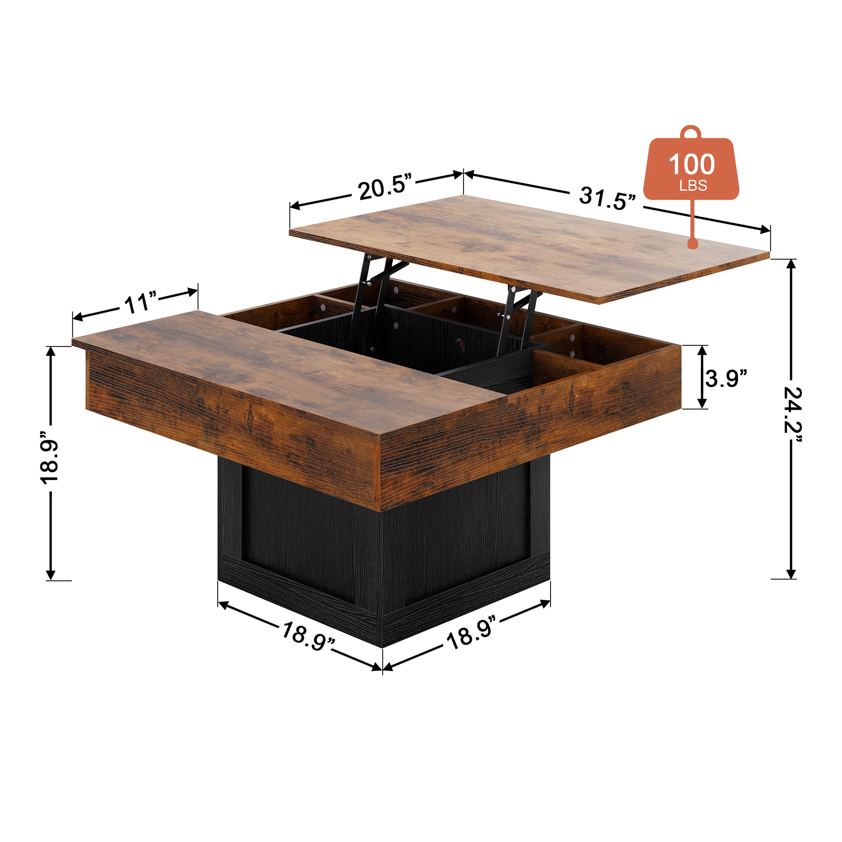 GUNAITO Lift Top Coffee Table with LED Lights, Modern Farmhouse Center Table with Storage, 31.5''Hx31.5''Wx19''D, Brown