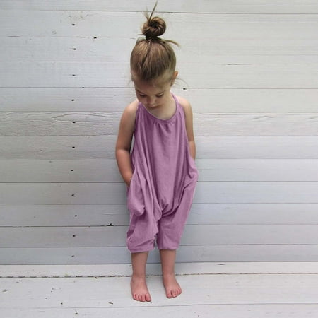 

SBYOJLPB Baby Girl Toddler Summer Solid Color Jumpsuit with Pockets Pink 3-4 Years Pink 12-18 Months