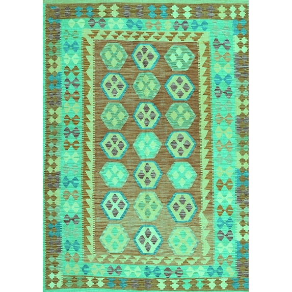 Ahgly Company Machine Washable Indoor Rectangle Oriental Turquoise Blue Traditional Area Rugs, 8' x 12'