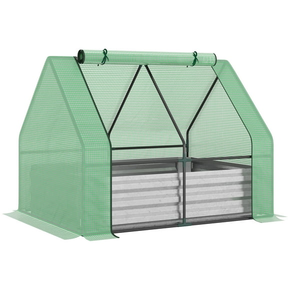 Outsunny Greenhouse with Raised Garden Bed, Steel Outdoor Planter Box with Plastic Cover, Roll Up Door, Dual Use for Flowers, Vegetables, Fruits and Herbs, 50"x37.4"x36.2", Green