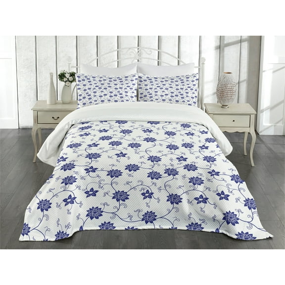 Ambesonne Blue Quilted Bedspread Set 3 Pcs, Chinese Floral Nature, King Size, Violet Blue White