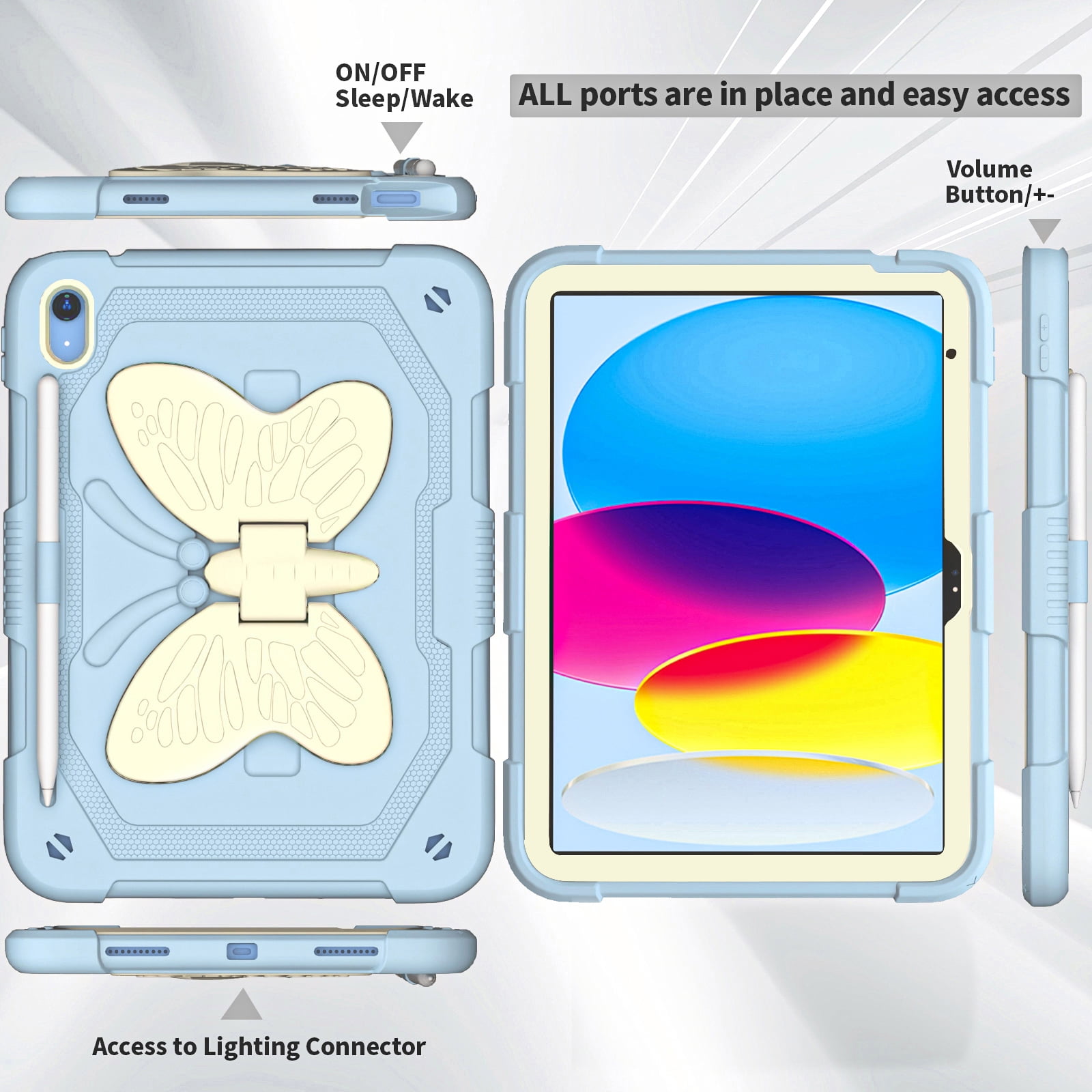 iPad 10th Generation 10.9 Inch 2022 Case with Kickstand Butterfly Wings Pencil Holder, TECH CIRCLE Heavy Duty Hard Rugged Protective Kids Girls Cover for iPad 10th Gen 10.9 Inch 2022,Blue+Beige