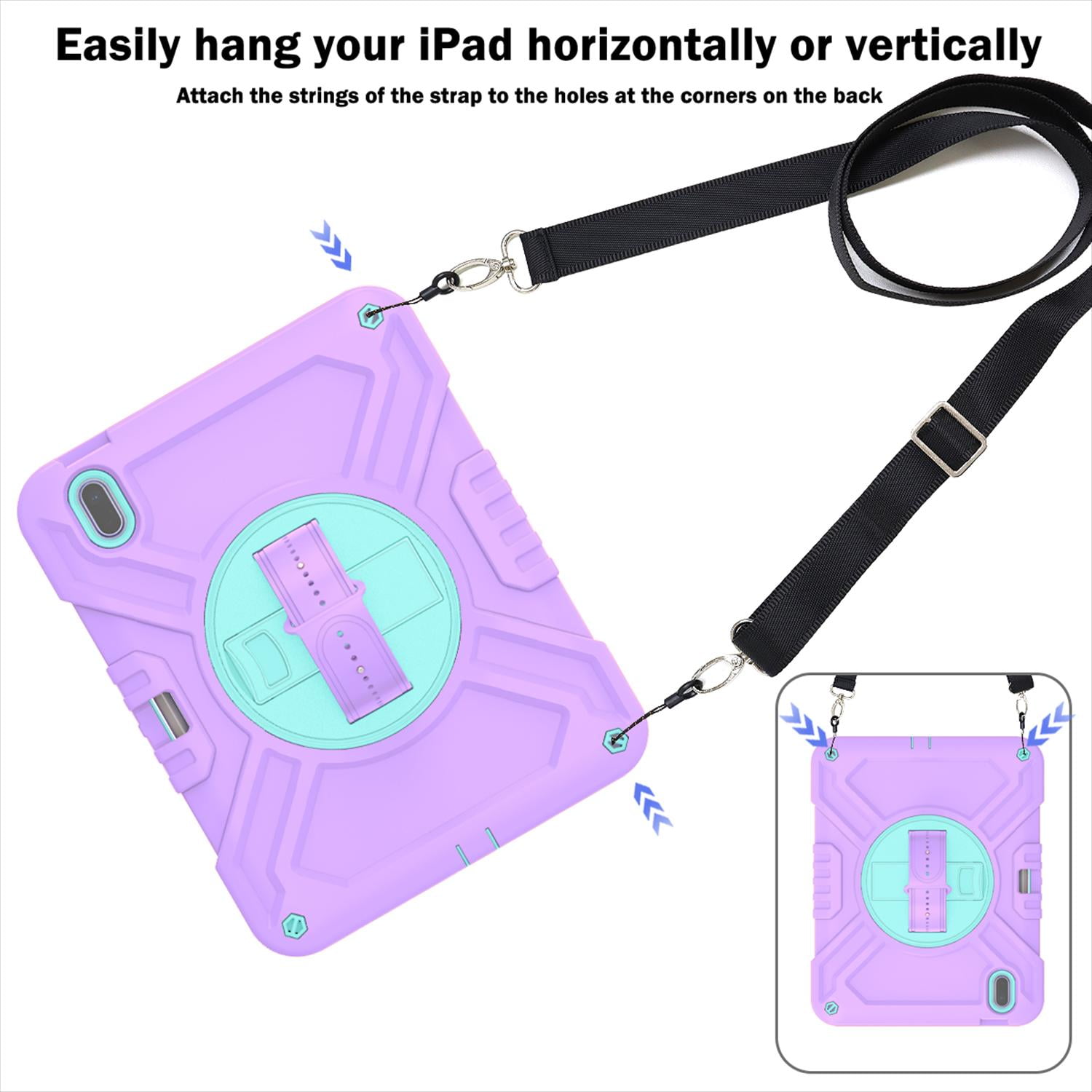 Case for iPad 11th Generation 2025 11-inch/10th Generation 2022 10.9-inch, Heavy Duty Military Grade Shockproof Rugged Protective Cover with Built-in Stand/Pencil Holder Shoulder Strap, Purple Green