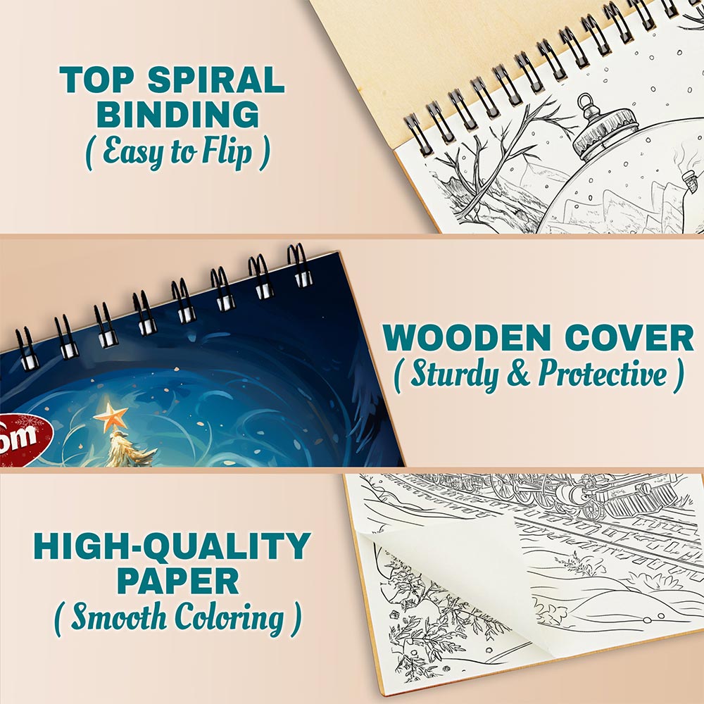 Netecom Enchanted Christmas Coloring Book Spiral Bound for Adults, A5 Wooden Cover, 30 Beautiful Coloring Pages of Mesmerized Christmas Scenes for Stress Relief and Relaxation