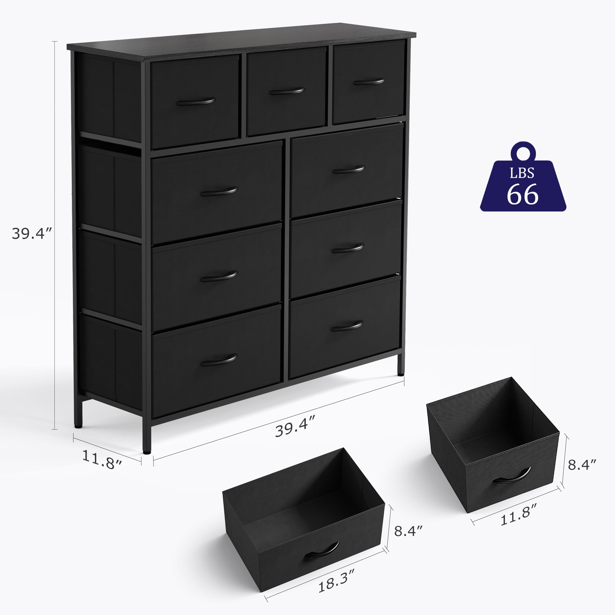 EDX 9 Drawer Dresser, Wide Chest of Drawers Nightstand Storage Tower Storage Fabric Dresser with Wood Top for Living Room, Bedroom, Hallway,Black