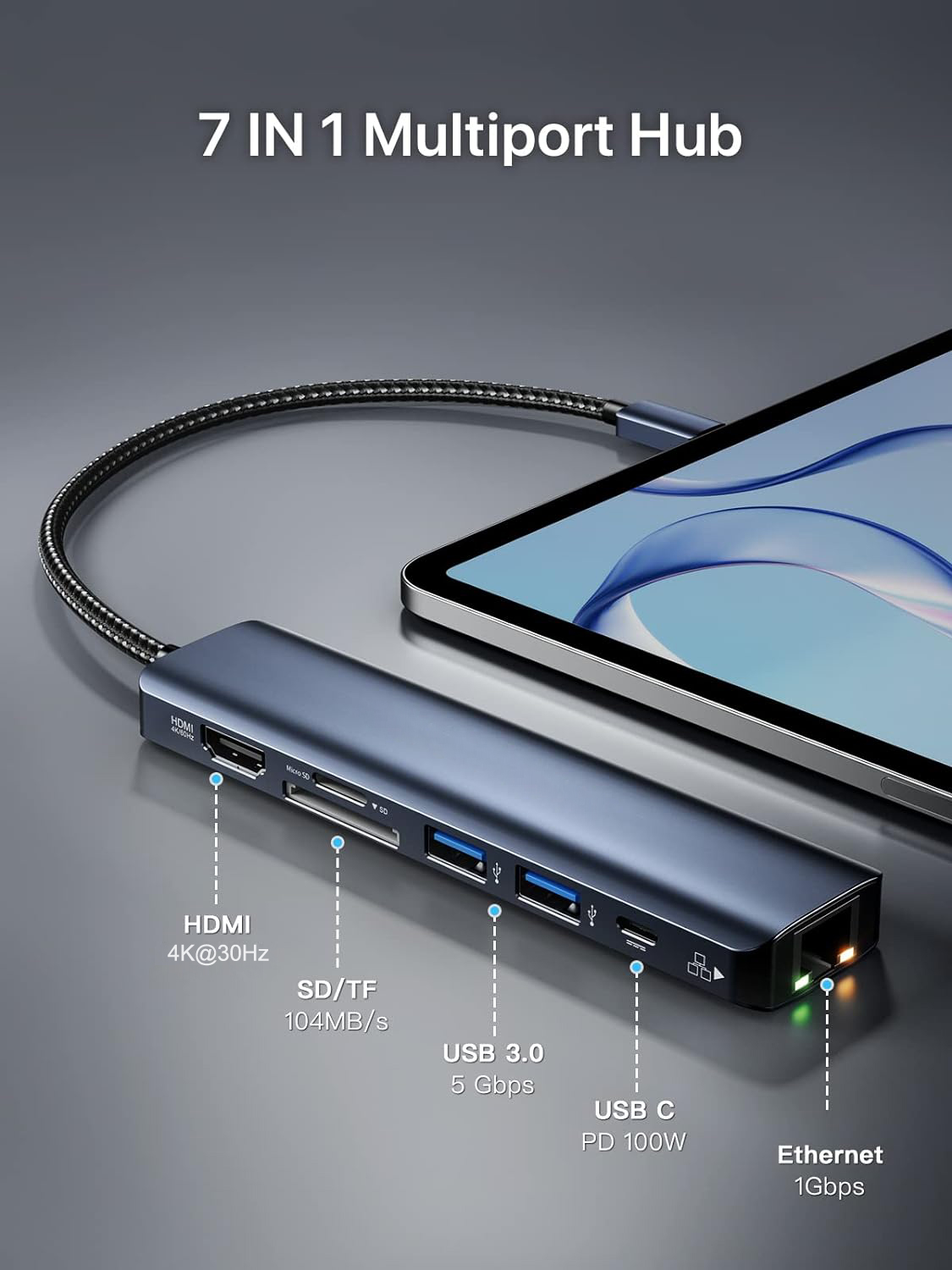 AUBEAMTO USB Hub 3.0, 7 in 1 USB Hub with 1000M Ethernet, 4K HDMI, 2 USB3.0, 100W PD, SD/TF Card Reader Docking Station Compatible with Your Cell Phone MacBook/Surface/Laptops, Computers