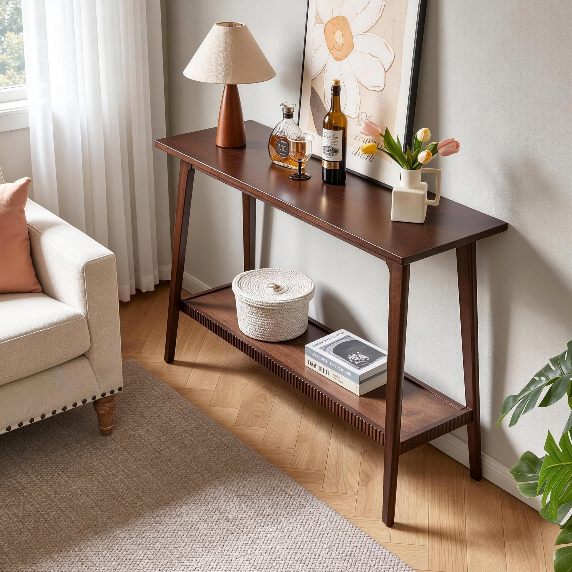 GARITIN Solid Wood Console Table, 2-Tier Entryway Sofa Table, Narrow Long Hallway Accent Table with Storage Shelf, Sofa Side Table for Living Room Foyer, Walnut
