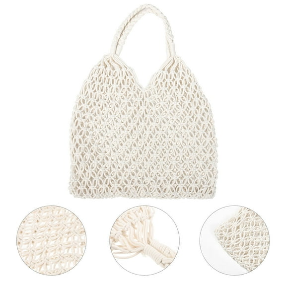 FRCOLOR  Mesh Tote Beach Bag Straw Crochet Knitted Shoulder