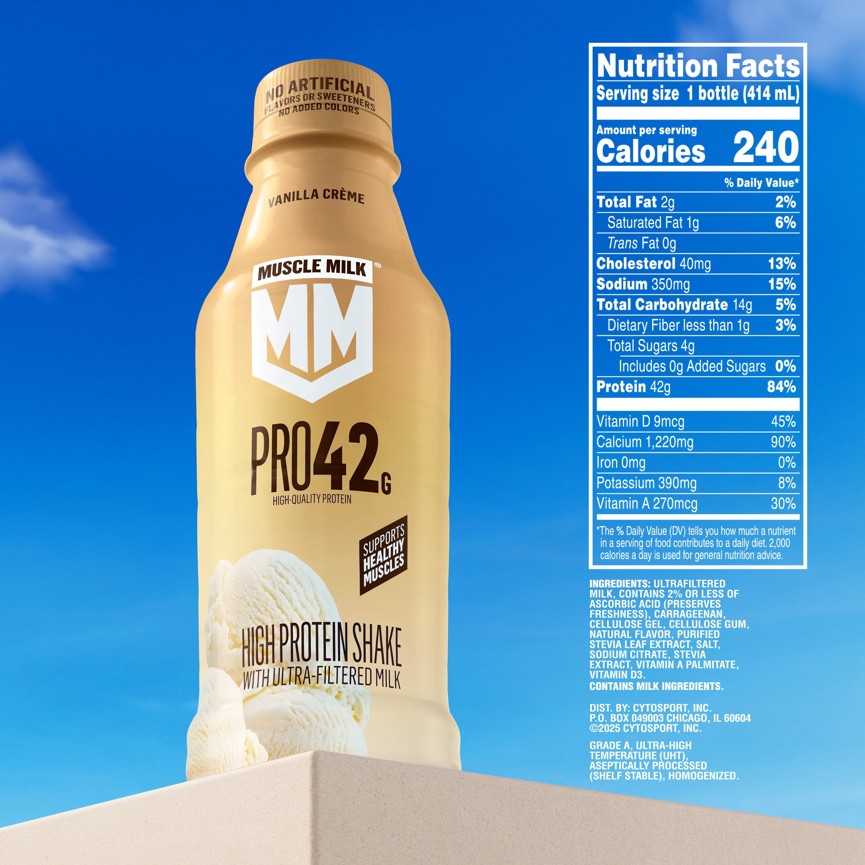 Muscle Milk Pro No Artificial Flavors, Sweeteners, or Added Colors Vanilla Creme High Protein Shake, 14 fl oz Bottle