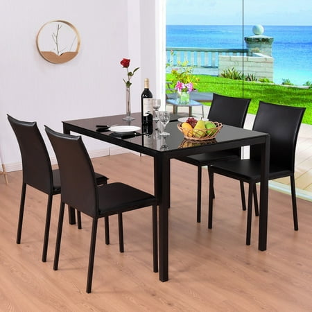 - GHP Glass Top Steel Tubes Metal Table with 4-Pcs PU Leather Cushioned Chairs Dining Set