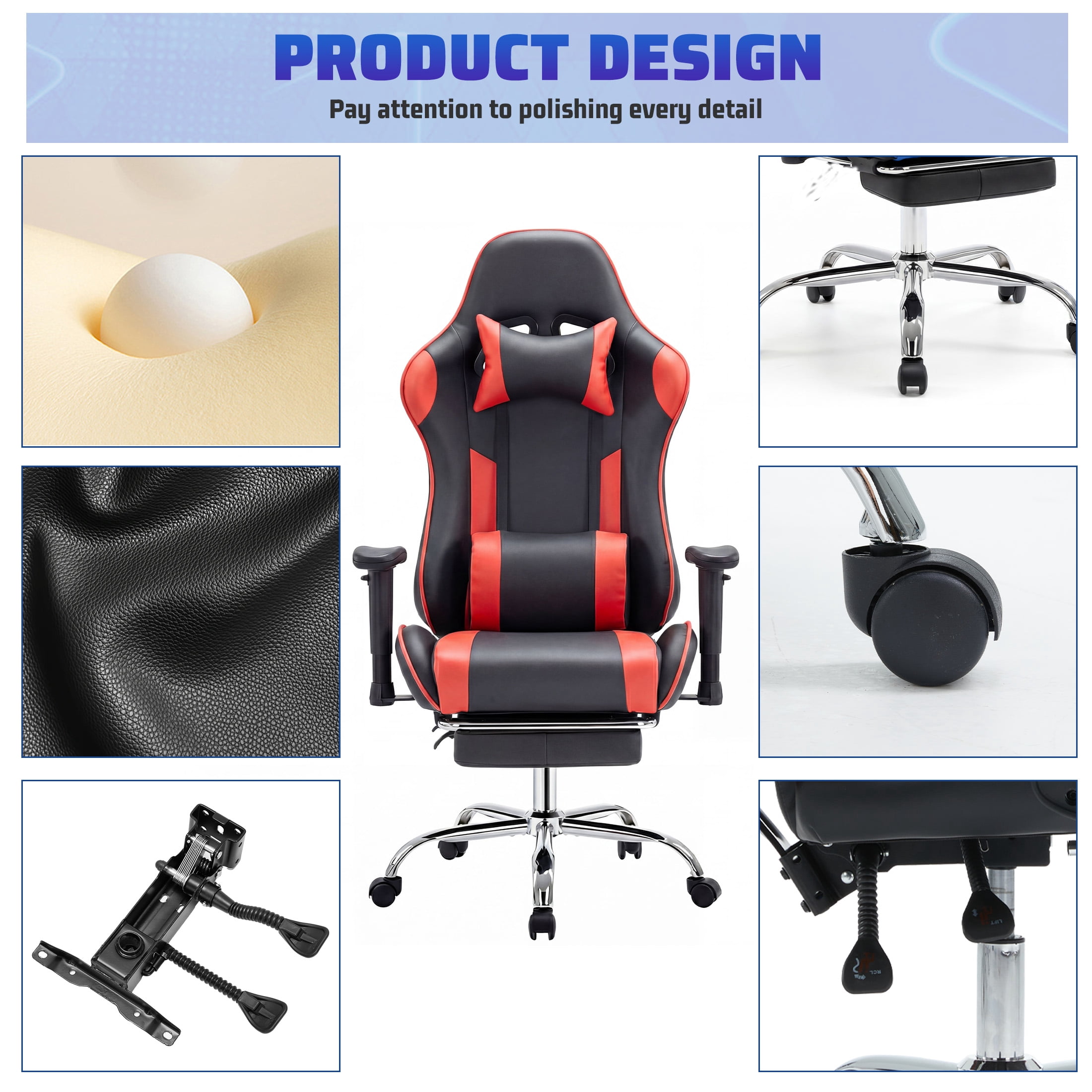 Gianna Ergonomic Gaming Chair, Adjustable Height with 360° Swivel, Flip-Up Armrests, Headrest & Lumbar Cushion Included, Red
