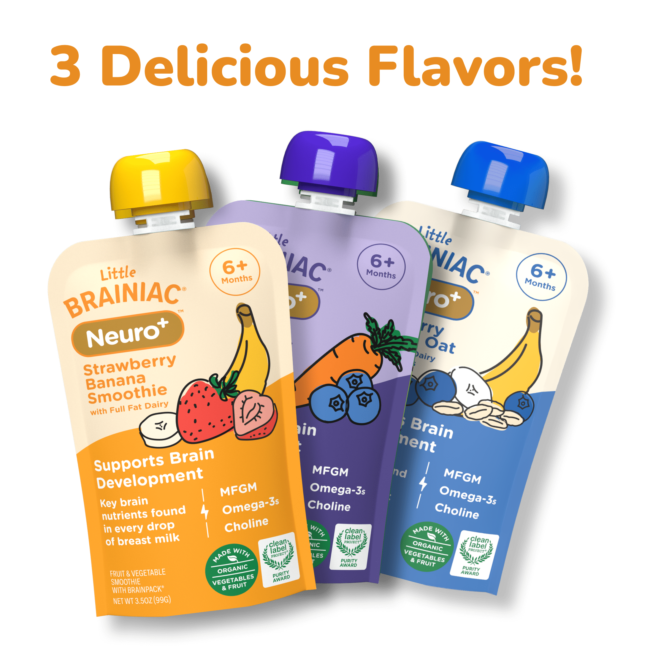 Little Brainiac Neuro+ Smoothie Baby Food Pouch with Omega-3s, Strawberry Banana, 3.5oz, 6ct