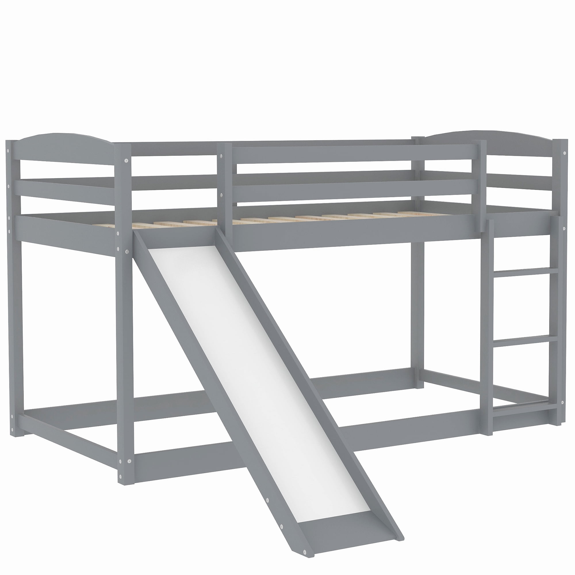 Euroco Solid Wood Kids Twin over Twin Bunk Bed with Slide and Ladder, Gray