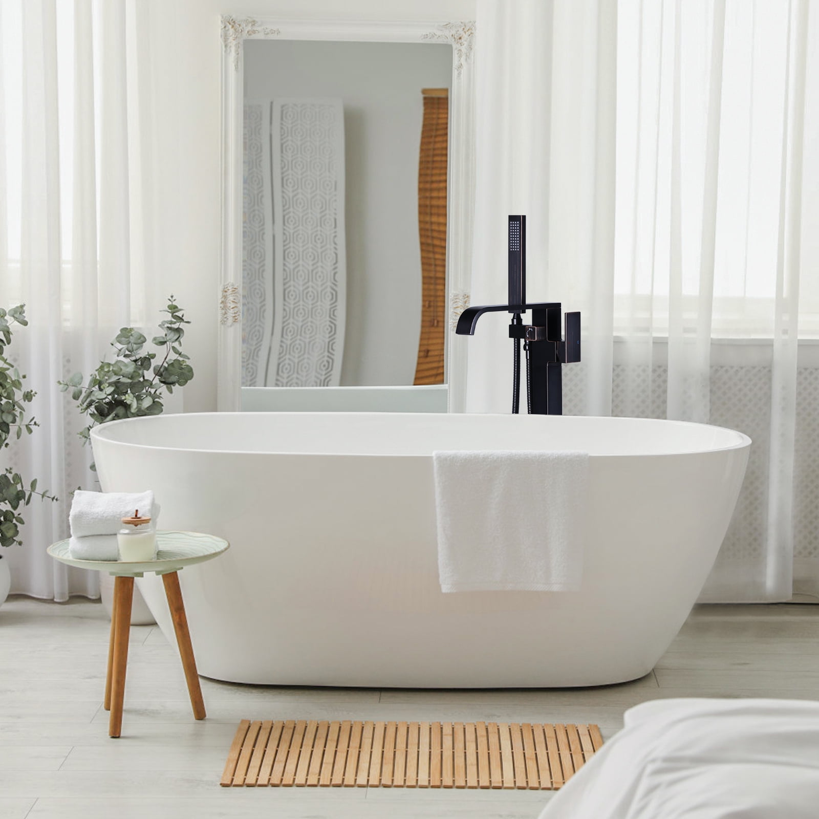 Wowow Oil Rubbed Bronze 1-handle Freestanding Waterfall Bathtub Faucet with Hand Shower (Valve Included)