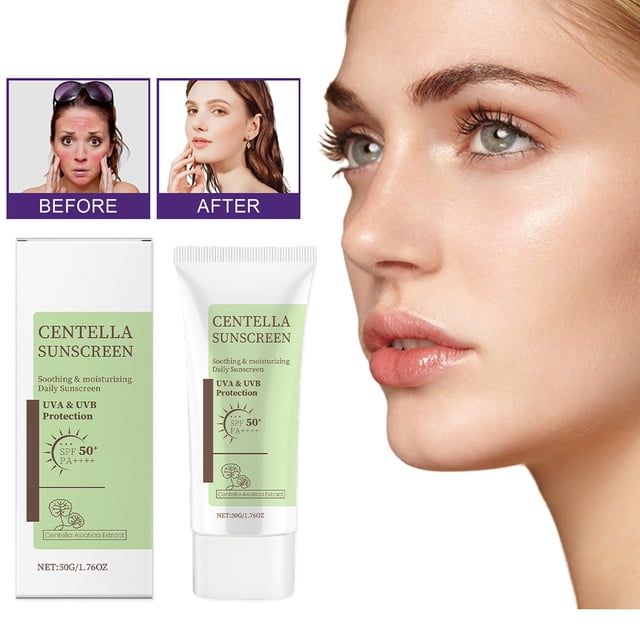 Centella Asiatica Protector solar calmante SPF50+ PA+++ Hidratante facial resistente al agua con efecto blanqueador Protección UV Bloqueador solar diario ligero no graso para pieles sensibles