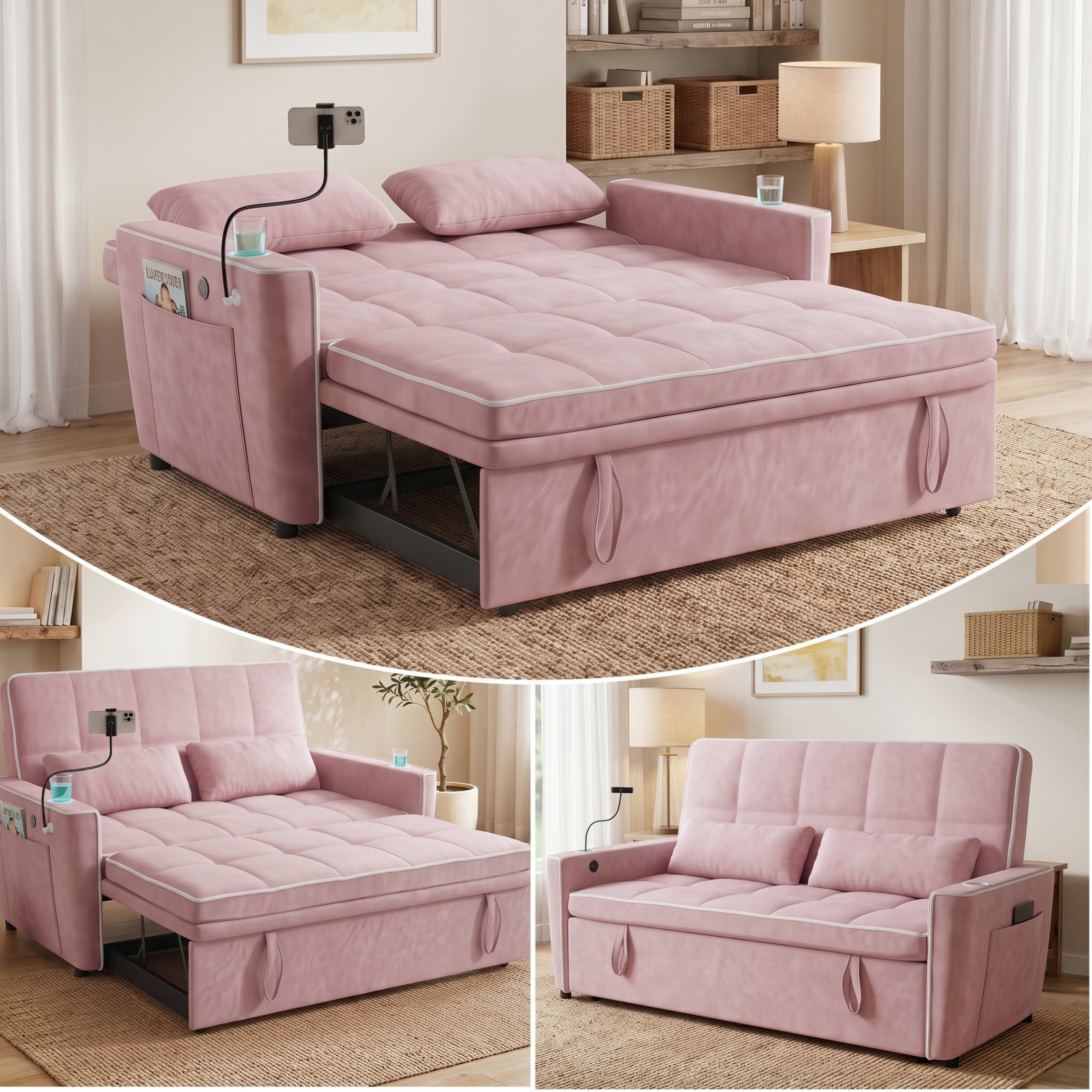 Vinform Sleeper Sofa Bed, 3 in 1 Convertible Loveseat with Phone & Cup Colder for Small Space, Pink