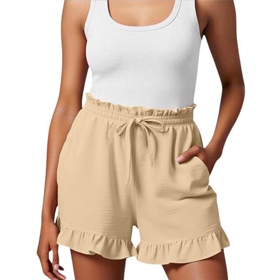 DHFJKG Women's Shorts 2026 Summer Casual Cute Ruffle Hem Shorts Comfy Elastic Drawstring Solid Color With Pockets Beach Stylish Bottoms