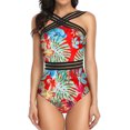 thumbnail image 4 of Women Swimsuits Tropical Floral Stripe Mesh One Piece Swimsuit Fashion,Red,L, 4 of 5