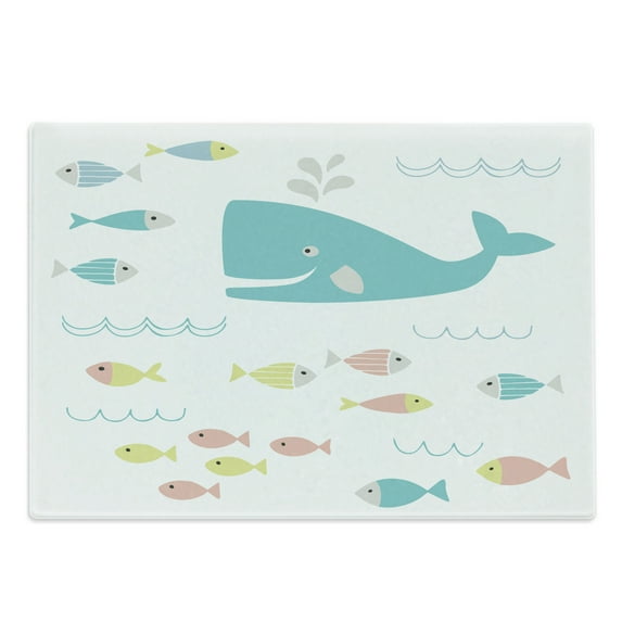 Whale Cutting Board, Funny Smiling Whale Cartoon with Schoal of Tiny Fish Work of Art, Decorative Tempered Glass Cutting and Serving Board, Large Size, Yellow White, by Ambesonne