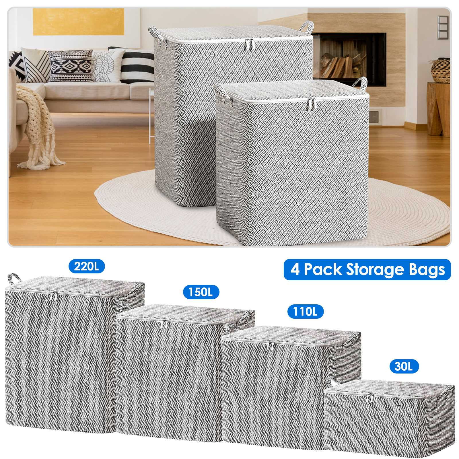 Foldable Clothing Storage Bags, Non-Woven Fabric Closet Organizers, 4 Pack, 8-58 Gallon, with Handles, Dust-Proof Cover and Zipper