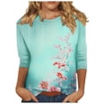 thumbnail image 2 of Cavosen Womens Three Quarter Sleeve Tops 3/4 Sleeve Floral Graphic Print Shirts Crewneck Loose Dressy Blouse Fashion Pullover Hawaiian Tees Summer Workout Tshirts Green L, 2 of 5