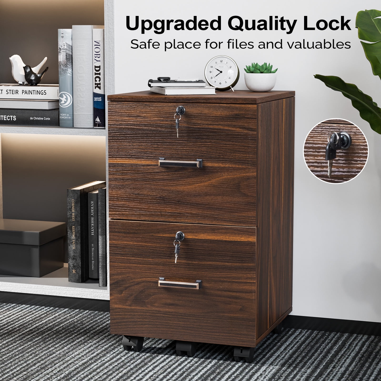 Ktaxon 2-Drawer Rolling Wood File Cabinet with Lock, Portable Vertical Mobile Wooden Storage Filing Cabinet for Home Office,Brown Coffee