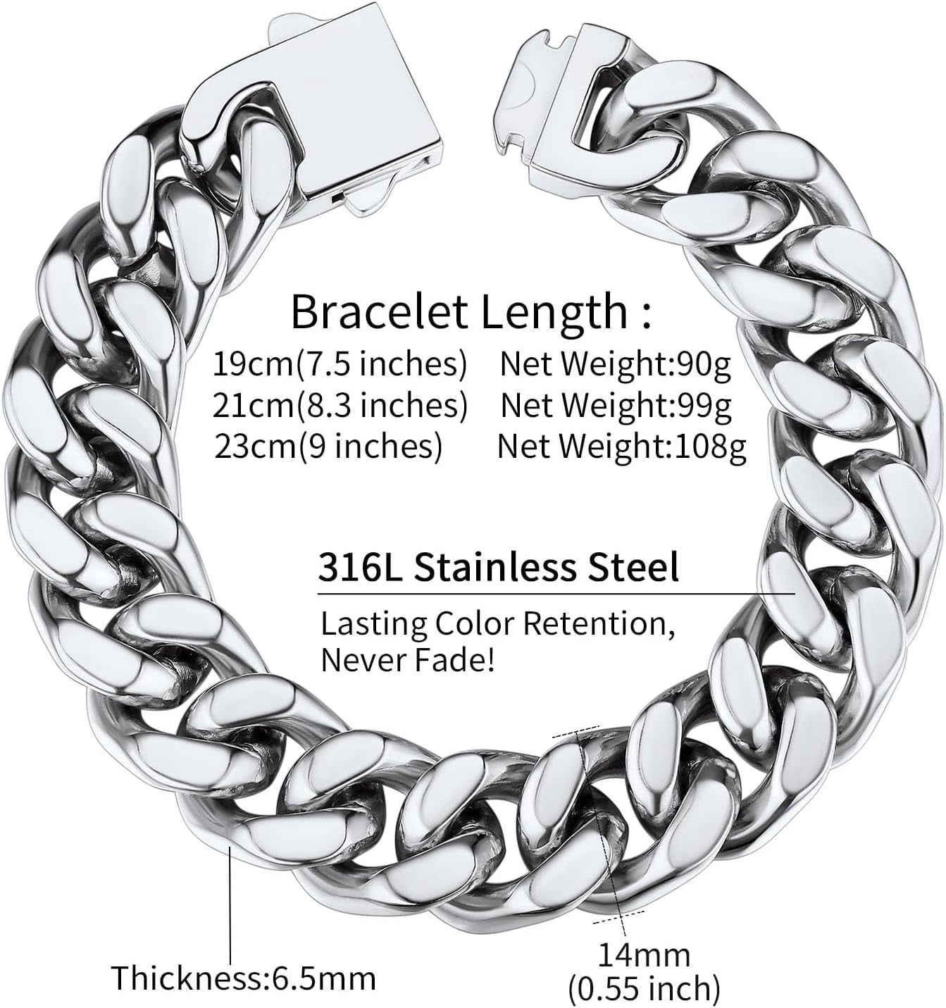 Leander Stainless Steel Cuban Link Bracelet for Men, 5mm/7mm/9mm/12mm Width, 7.5"/8.3"/9" Length, Black/18K Gold Plated Chain Wrist Bracelets for Men, with Gift Box