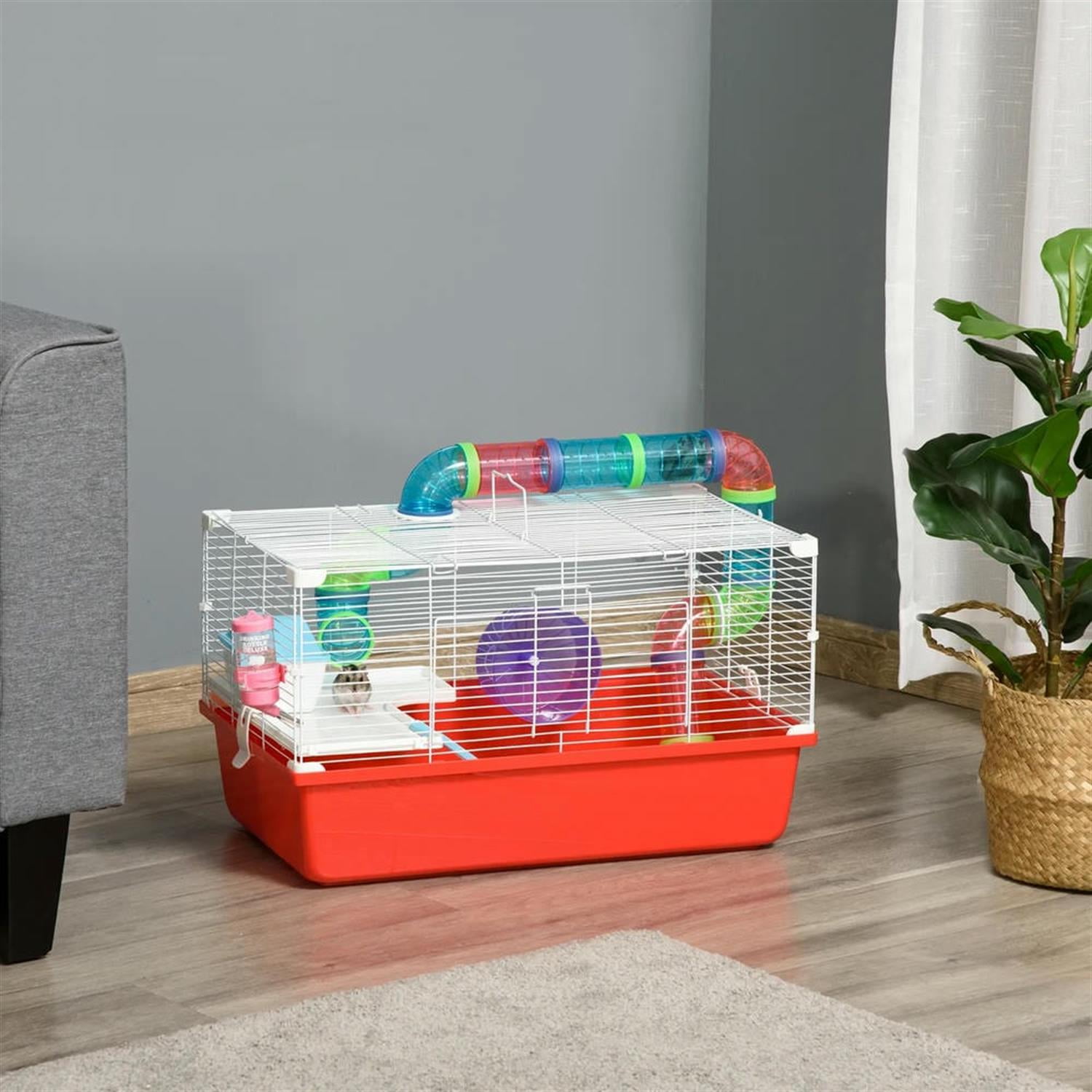 Kadyn 23" 2 Tiers Hamster Cage, Rodent Gerbil Mouse Mice Rat Wire Cage with Exercise Wheels and Water Bottle for Small Animal Habitats, Red