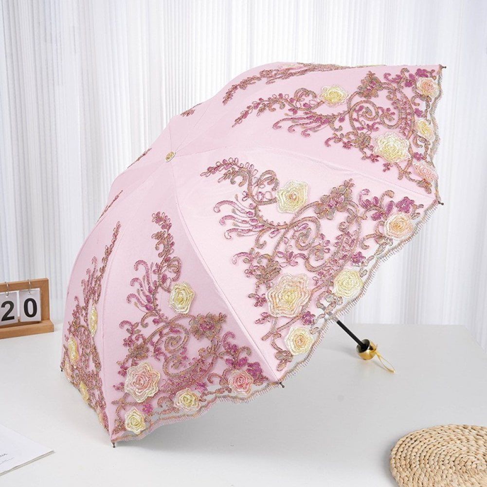 Lace Embroidery Sun Umbrella Ladies Anti-UV Umbrella Folding Parasol Umbrella Vintage Flower Embroidery Umbrella Sun/Rain/Snow Folding Umbrella