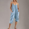 thumbnail image 6 of Womens Casual Linen Jumpsuit with Pocket Spaghetti Strap Capris Pants Rompers V Neck Lace-Up Loose Fit Summer Outfits, Light Blue, M, 6 of 6