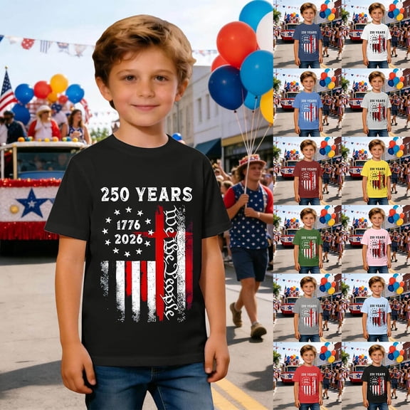 America 250 Boys Casual Graphic Shirt Anniversary Print Soft Tee Boys 4Th of July Shirt Black 2-3 Years