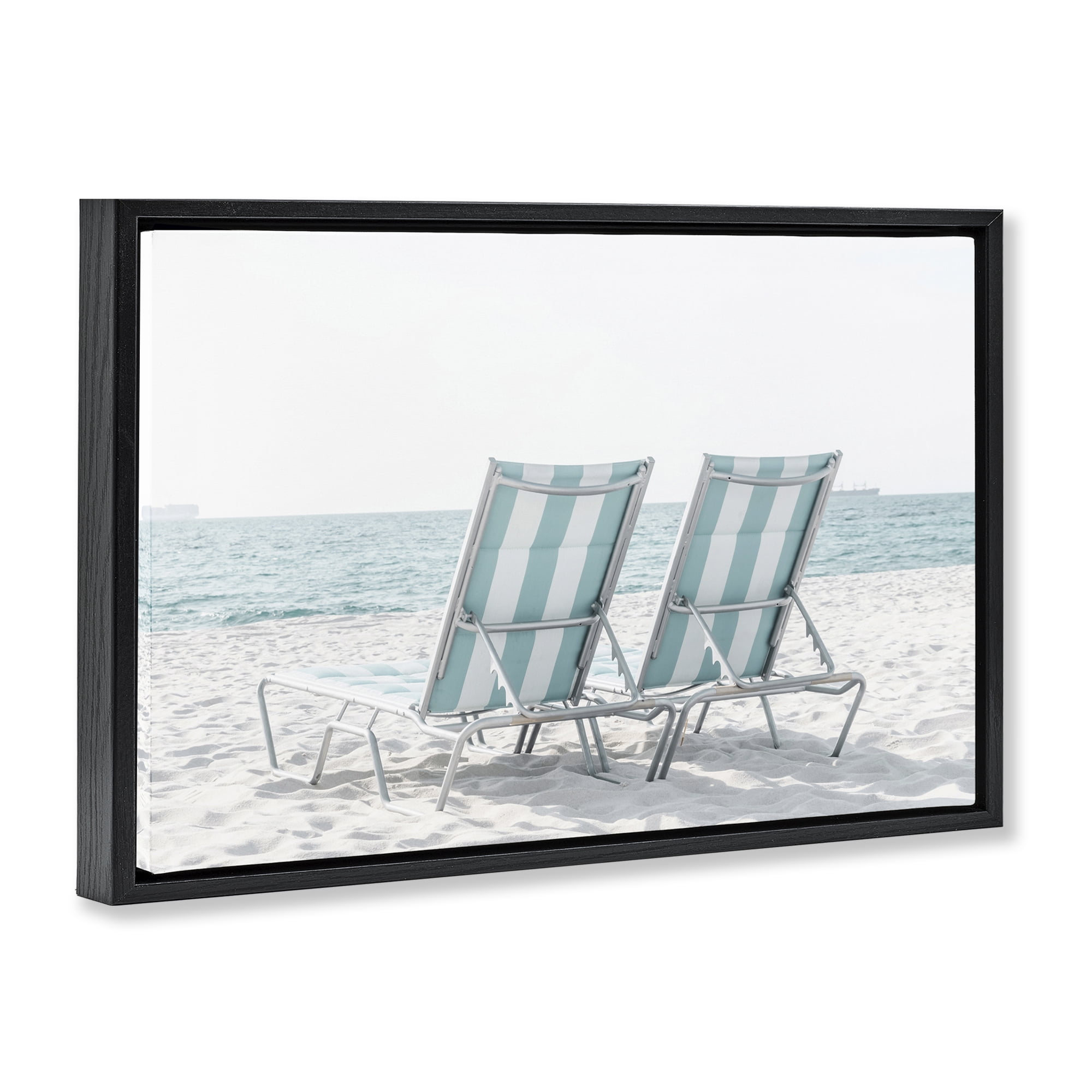 Stupell Industries Blue Beach Chairs Pair Nautical & Beach Photography Black Floater Framed Canvas Art Print Wall Art, 31 x 21