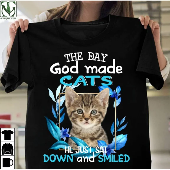The Day God Made Cats He Smiled Brightly Feline Flower Art Unisex T-Shirt, up to size 5XL
