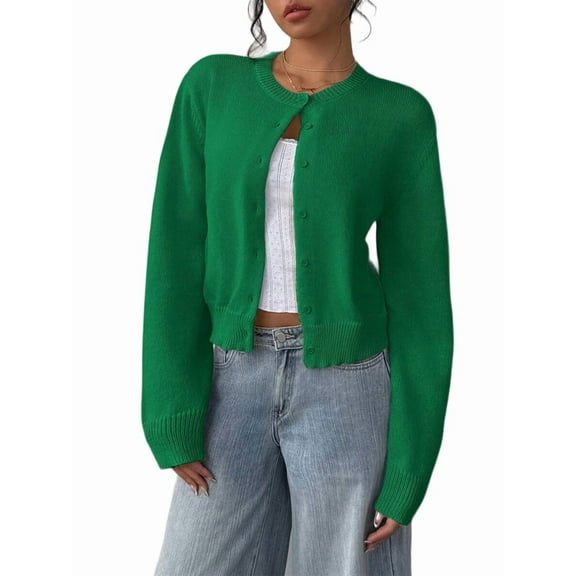 Women'S Button Down Long Sleeve Crewneck Crop Cardigan Sweater Cute Knitwear Clothes Green XXL