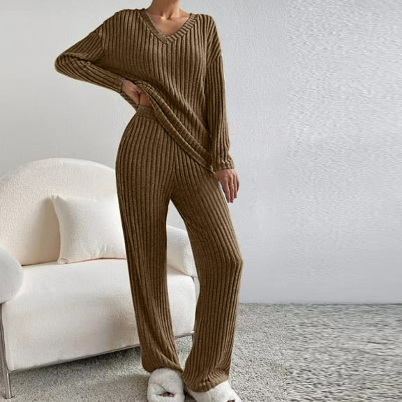 BLCHUNen Pajamas for Women 2 Piece Outfits Ribbed Knitted Long Sleeve V Neck Pullover Leisure Fall Sets with Pockets
