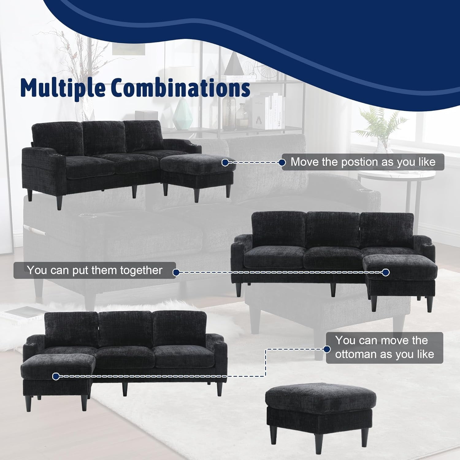 MOONMISS Sofa 77.36" 3-Seat, L -Shaped Sofa with Movable Ottoman for Living Room,Black