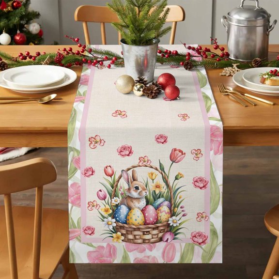 Table Runner 70 Inches Long - Pastoral Pink Flower Easter Rabbit Decorative Table Scarf, Colorful Egg Retro Linen Dining Table Runners for Wedding Party Kitchen Dining Tables
