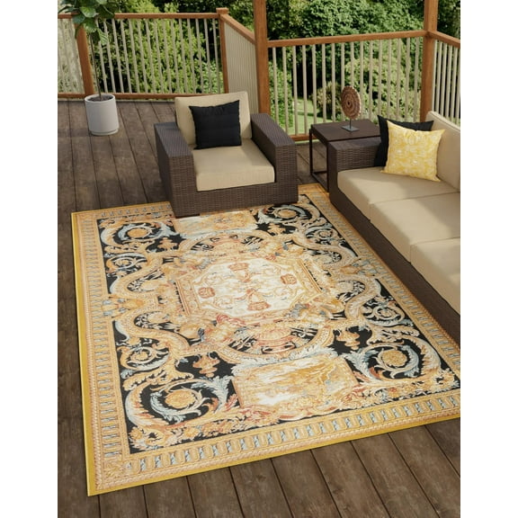 Unique Loom Outdoor Traditional Collection Area Rug - Royal (5' 3" x 8' Rectangle Black Gold Brown/Red)