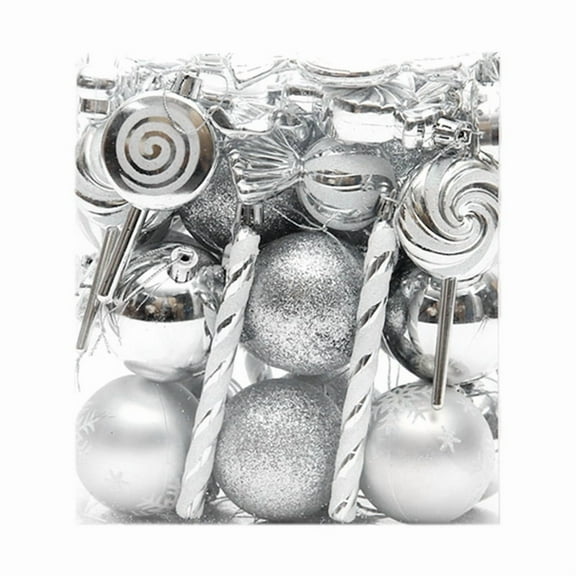 36Pcs Christmas Christmas Tree Hanging Pendants Printed Shaped Pendant Christmas Spheres Silver
