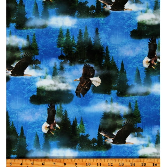 Cotton Nature's Wonder Eagles Night Dark Sky Trees Forest Clouds Animals Birds Blue Cotton Fabric Print by the Yard (SRKD-20817-268-NATURE)