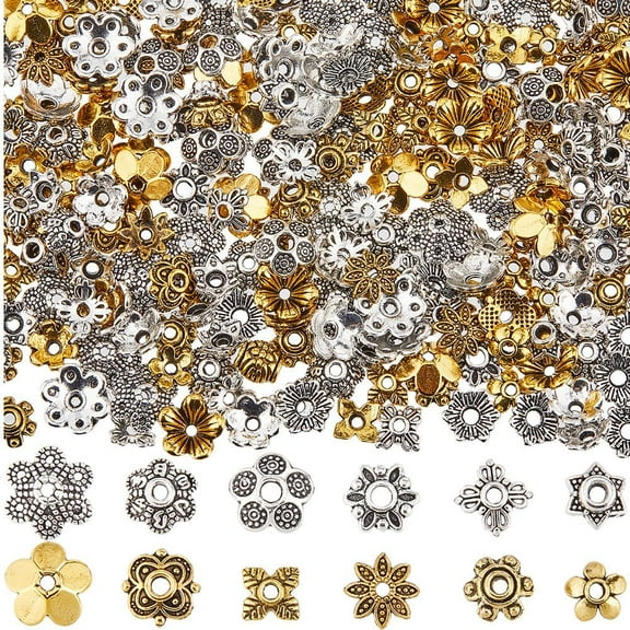 1 Box 360Pcs 12 Styles Spacer Beads Bulk Flower Bead Caps Findings Tibetan Silver Alloy Gold Metal Filigree Flowers End Caps for Jewelry Making Supplies DIY Bracelet Necklace Earring