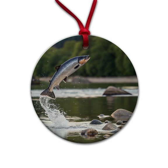 Salmon Fish Jumping Fishing Christmas Tree Holiday Round Ceramic Ornament