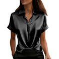 thumbnail image 2 of Only Moment Women's Shirts Short Sleeve V Neck Satin Short Sleeve Shirts Dressy Casual Summer Vacation Fashion Clothing 2026 office Tops for Women Black,L, 2 of 6