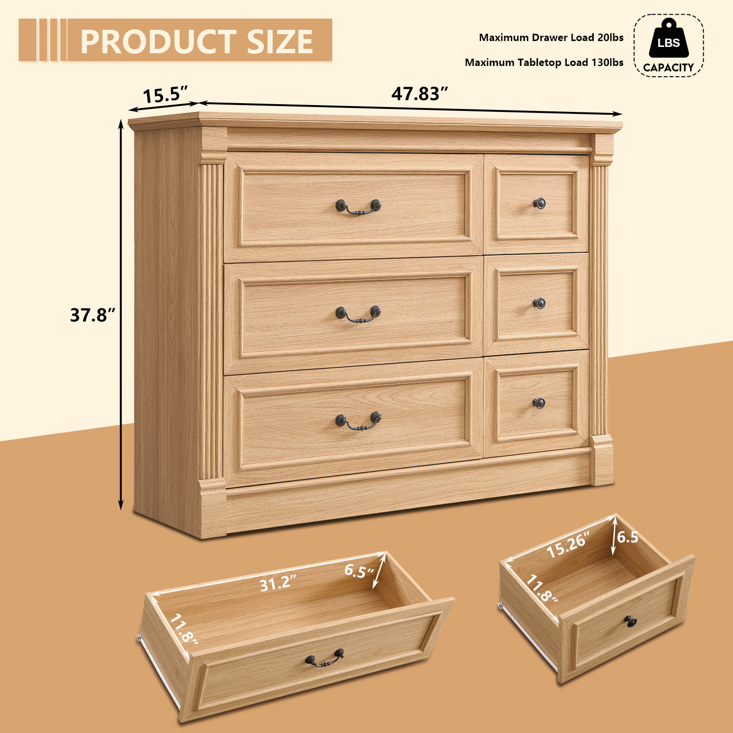 wow97e Farmhouse 6 Drawers Dresser for Bedroom, 48" Wide Wooden Chest of Drawers w/Roman Column, Storage Dressers for Hallway, Living Room